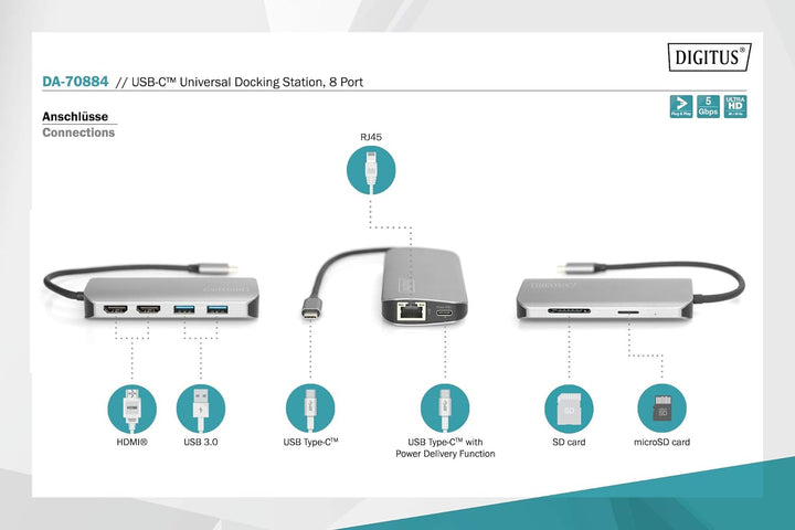 DIGITUS USB-C Docking-Station - 8-Port - Dual-Display-Funktion - 2x HDMI - Gbit LAN - 2 Card-Reader