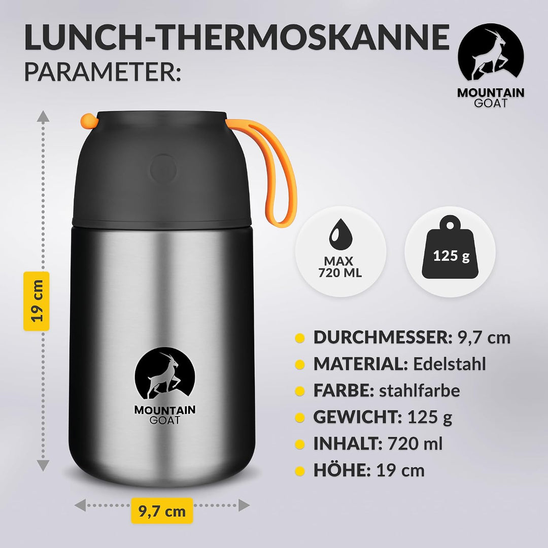 MOUNTAIN GOAT Thermobehälter für Essen 720ml, Speisegefäss mit Klapplöffel aus Edelstahl, Warmhalteb