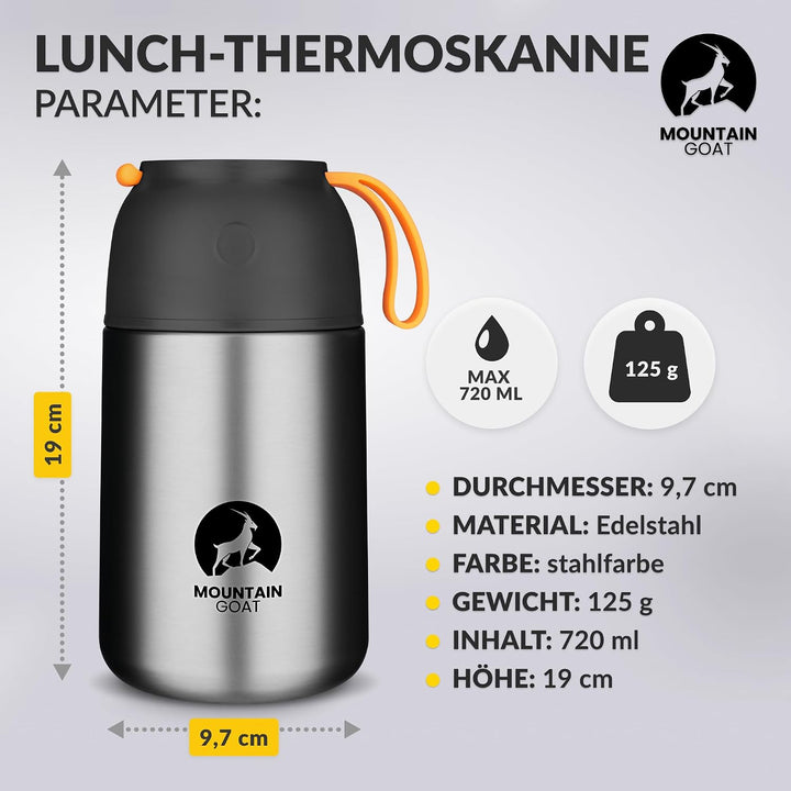 MOUNTAIN GOAT Thermobehälter für Essen 720ml, Speisegefäss mit Klapplöffel aus Edelstahl, Warmhalteb
