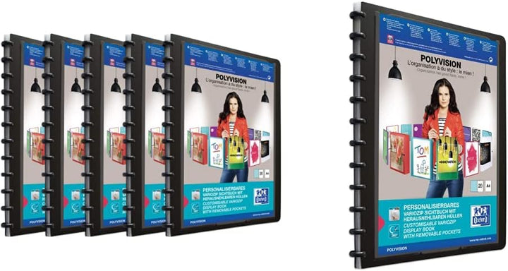 Oxford polyvision Ringmappe A4, mit vario-zipp, 20 Hüllen, schwarz, 5er Pack & Ring-Mappe A4, polyvi