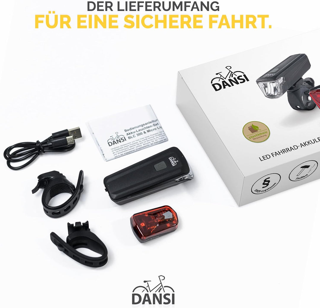 DANSI Fahrradleuchten-Set StVZO I LED-Fahrradlicht I Rad-Licht hell vorne 30/15 Lux, Akku-Leuchtense