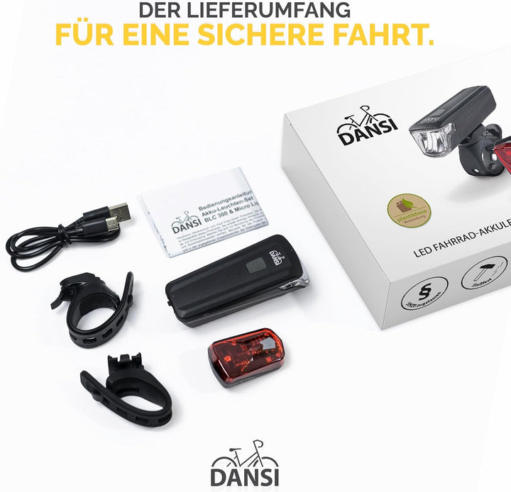 DANSI Fahrradleuchten-Set StVZO I LED-Fahrradlicht I Rad-Licht hell vorne 30/15 Lux, Akku-Leuchtense