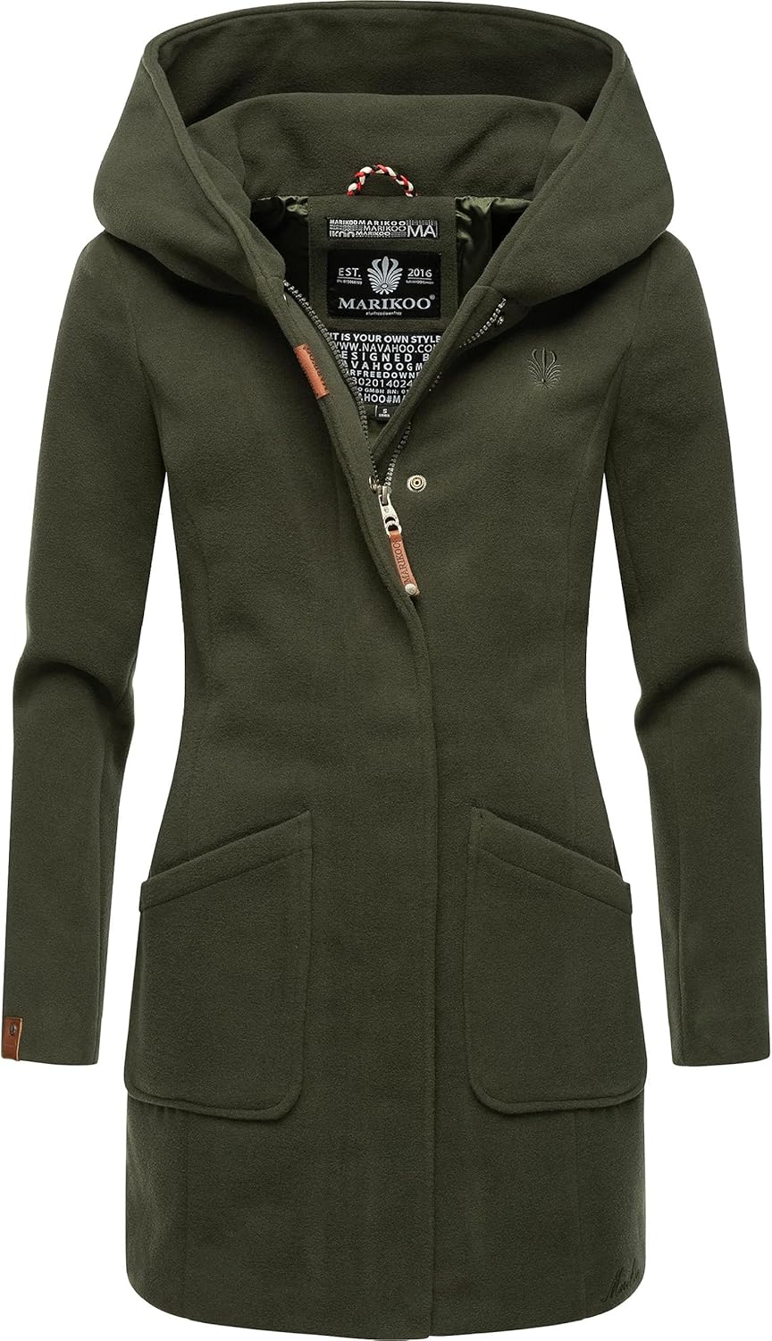 MARIKOO Damen Wollmantel Warmer Trenchcoat mit Kapuze Maikoo XS-5XL XL Olive, XL Olive