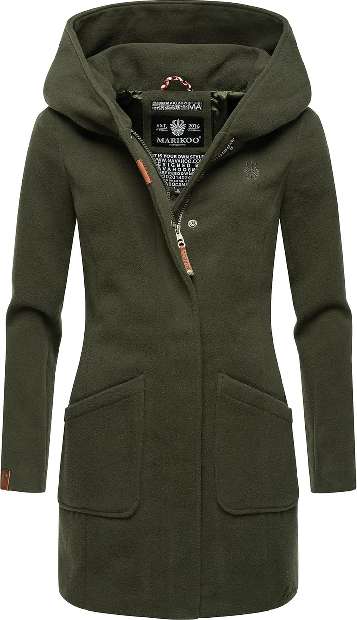MARIKOO Damen Wollmantel Warmer Trenchcoat mit Kapuze Maikoo XS-5XL XL Olive, XL Olive