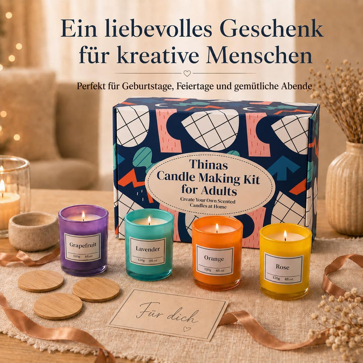 Thinas Kerzen Selber Machen Set – Komplettes Candle Making Kit mit Sojawachs, 4 Gläsern mit Bambusde