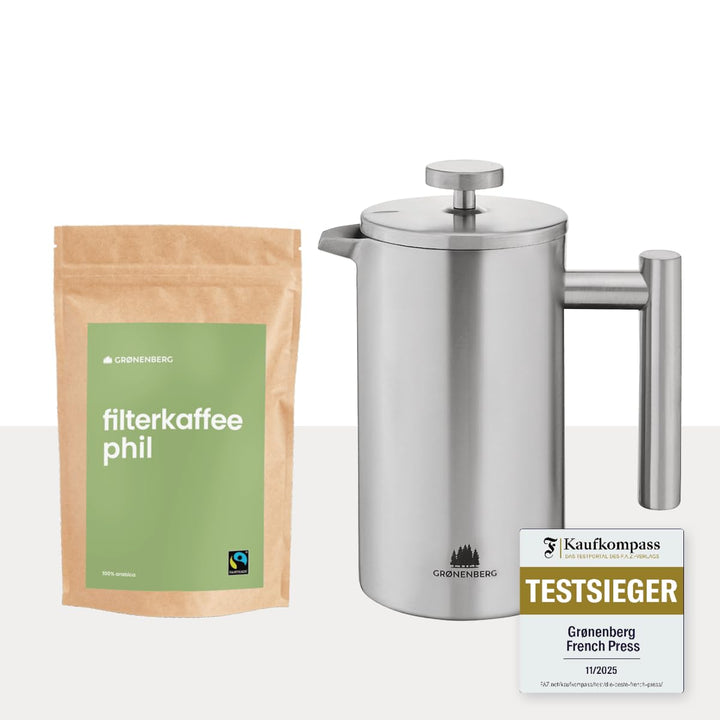 Groenenberg Spar Set 7 | French Press Thermo 600ml + Bio Filterkaffee 500g | Edelstahl Kaffeepresse