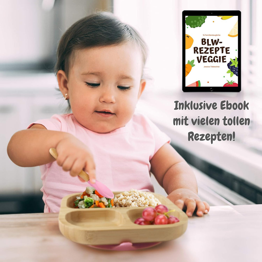 Kinderteller mit Saugnapf pink I Inkl. Rezepte-Ebook I rutschfester Babyteller aus nachhaltigem Bamb