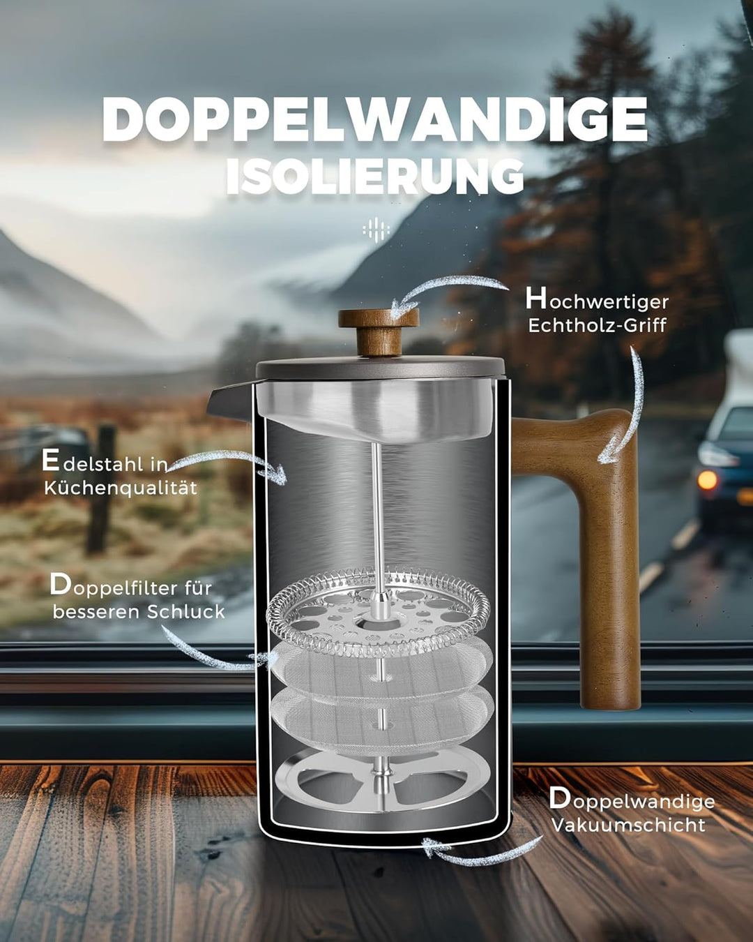 Poliviar French Press Kaffeebereiter 1 Liter/8 Tassen, Doppelwandige Isolierte Kaffeekanne und Teebe