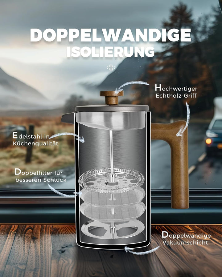 Poliviar French Press Kaffeebereiter 1 Liter/8 Tassen, Doppelwandige Isolierte Kaffeekanne und Teebe