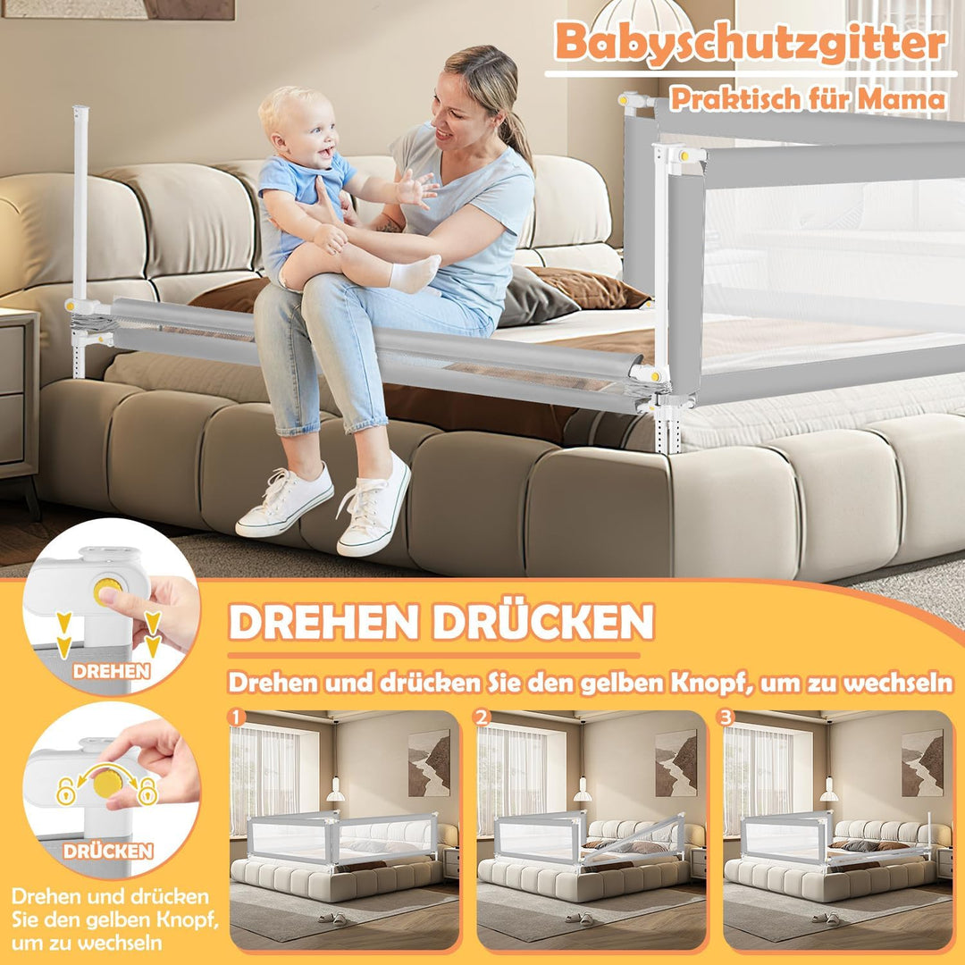 Bettgitter für Kinder, Bettschutzgitter, höhenverstellbar (68 – 95 cm), Bettgitter Gegen Stürze, Sta