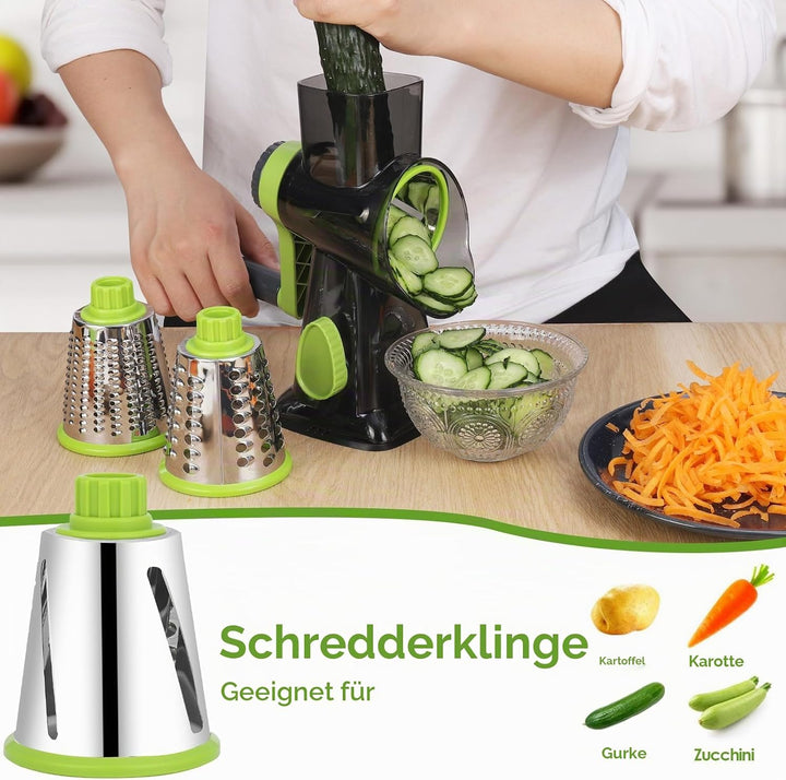 Dreamhigh Käsereibe mit Kurbel, Gemüseschneider 3 Edelstahl Austauschbaren Trommelklingen, Manuelle