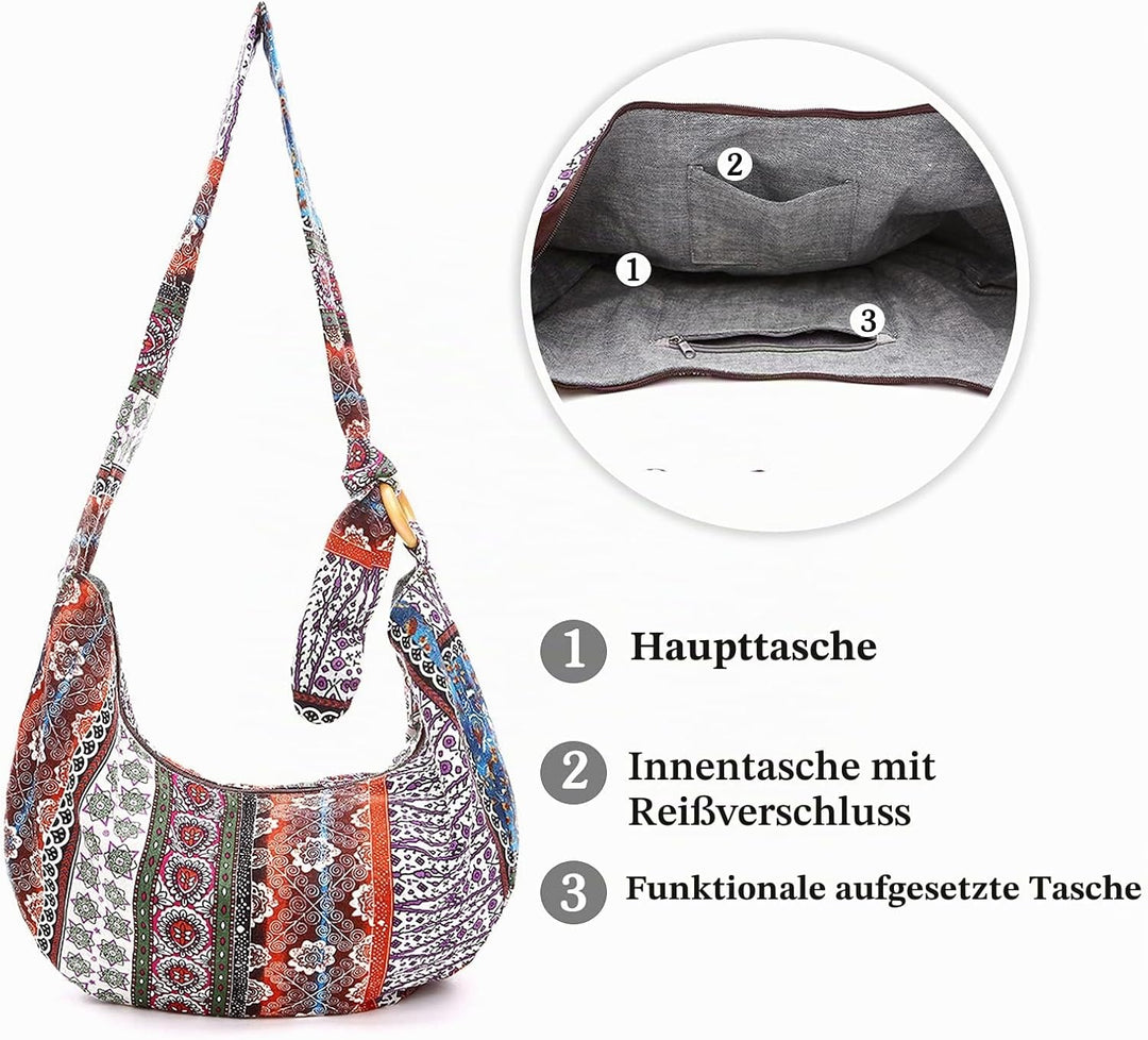 PORRASSO Hippie Umhängetasche Damen Schulterbeutel Leicht Schultertasche Tote für Reise Strandschule