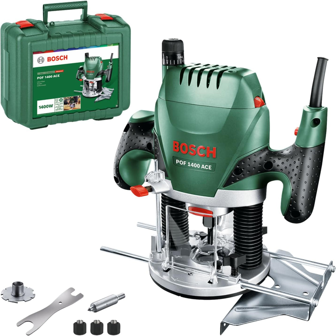 Bosch Home and Garden Oberfräse POF 1400 ACE (3 x Spannzange, Fräser, Parallelanschlag, Absaugadapte