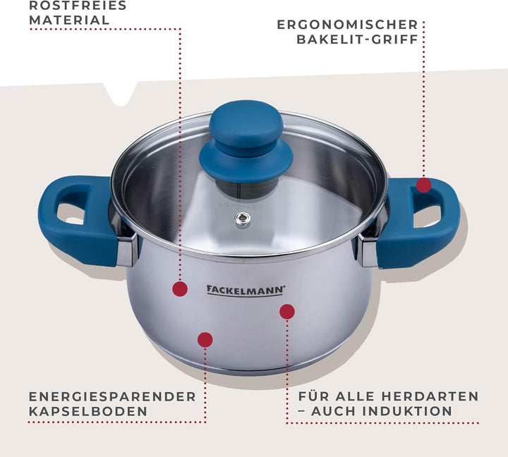 Fackelmann Kochtopf Essential Ø 16 cm, Edelstahl, mit ergonomischen Bakelit-Griffen, für alle Herdar