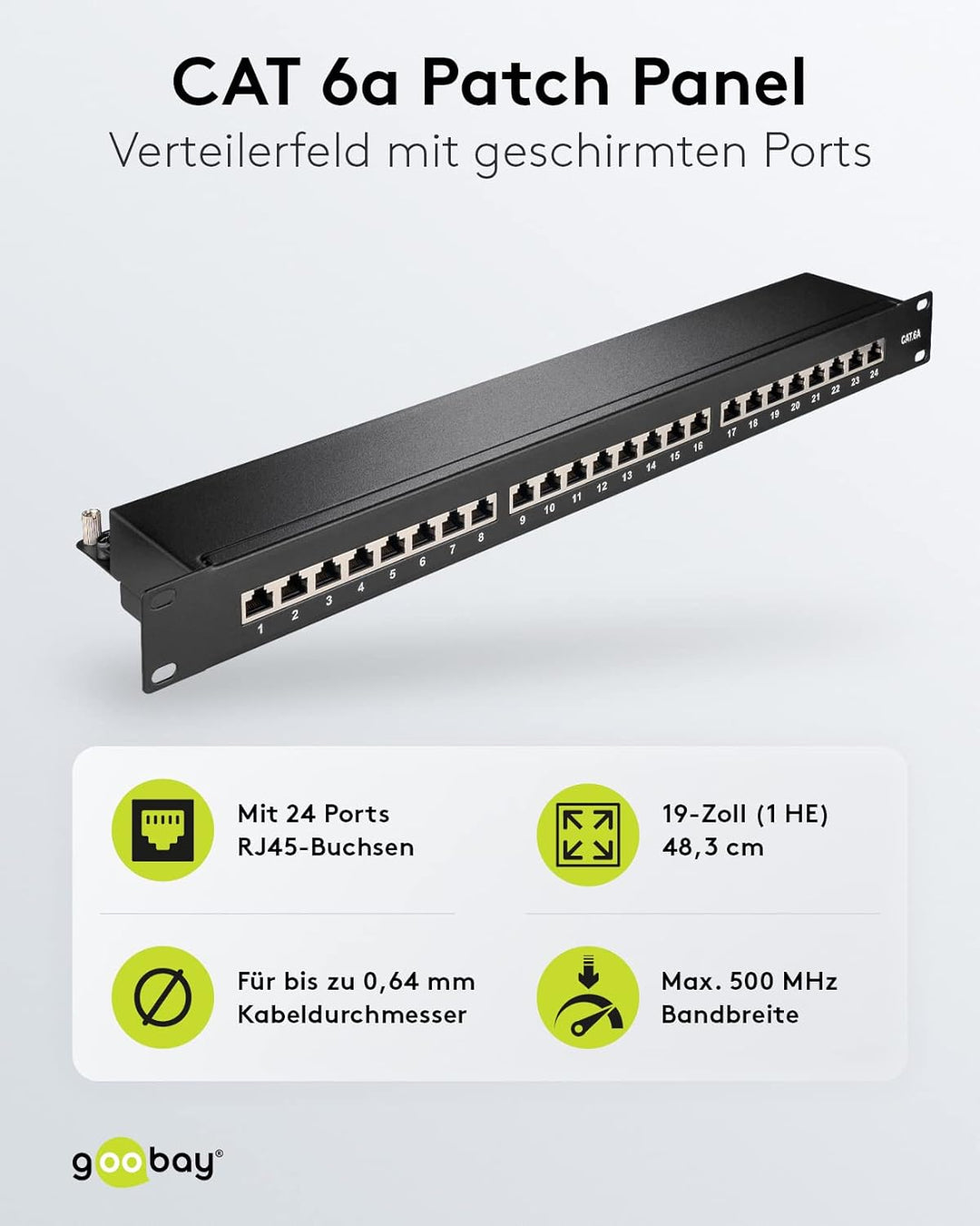 Goobay 90854 CAT 6A Patch Panel 19 Zoll / 24 Port RJ45 Buchsen Netzwerkstecker / 500 MHz LAN Patchfe