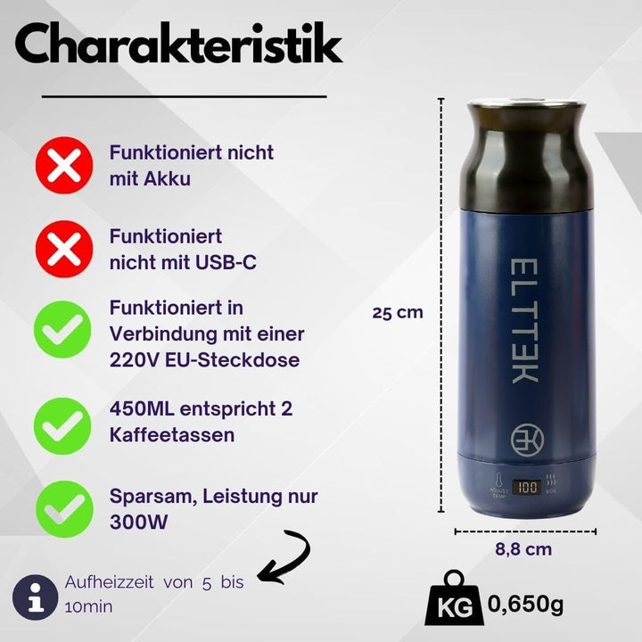 ELTTEK 450ml, Reise Wasserkocher Klein, 12 Temperaturoptionen, Mini-Wasserkocher für Reisen, kleiner