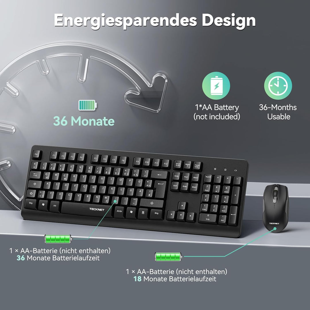 TECKNET Tastatur Maus Set Kabellos, QWERTZ Layout Funktastatur mit Maus, Vollformat, Spritzwasserges