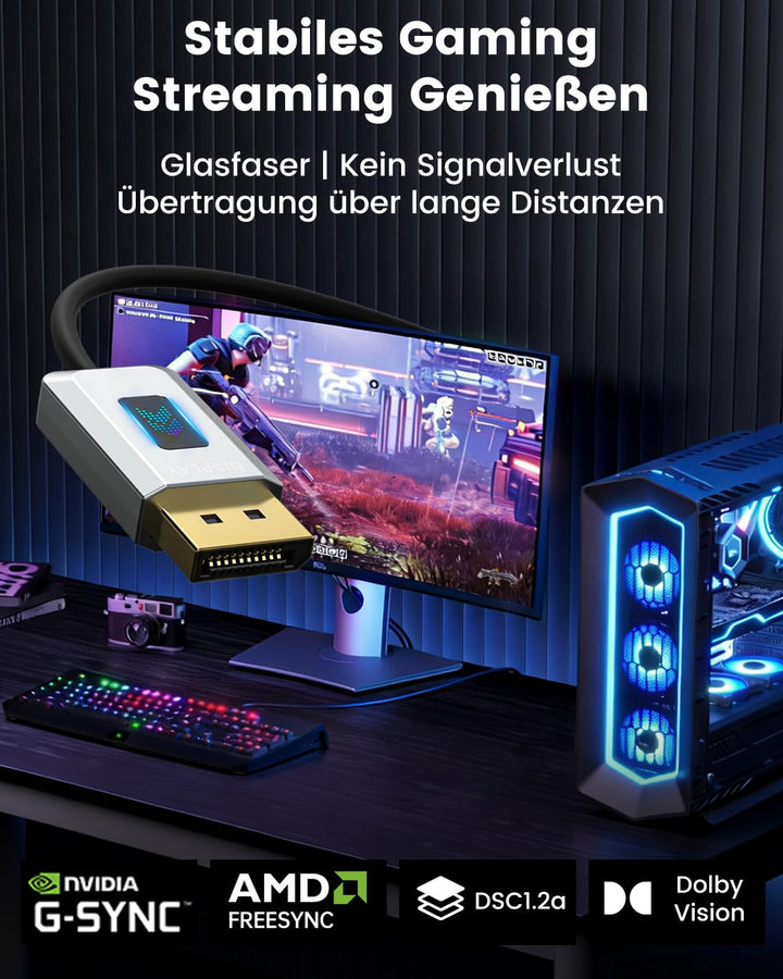 16K Glasfaser DisplayPort 2.1 Kabel 2M, DP 2.1 Kabel [16K@30Hz, 8K@60Hz, 4K@240Hz] 40Gbps Display Po