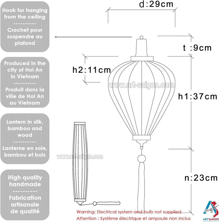 Lampion Asiatisch Hoi an Seide weiss M – Ø 29 cm – Kunsthandwerk aus Vietnam (REF. M20-B)