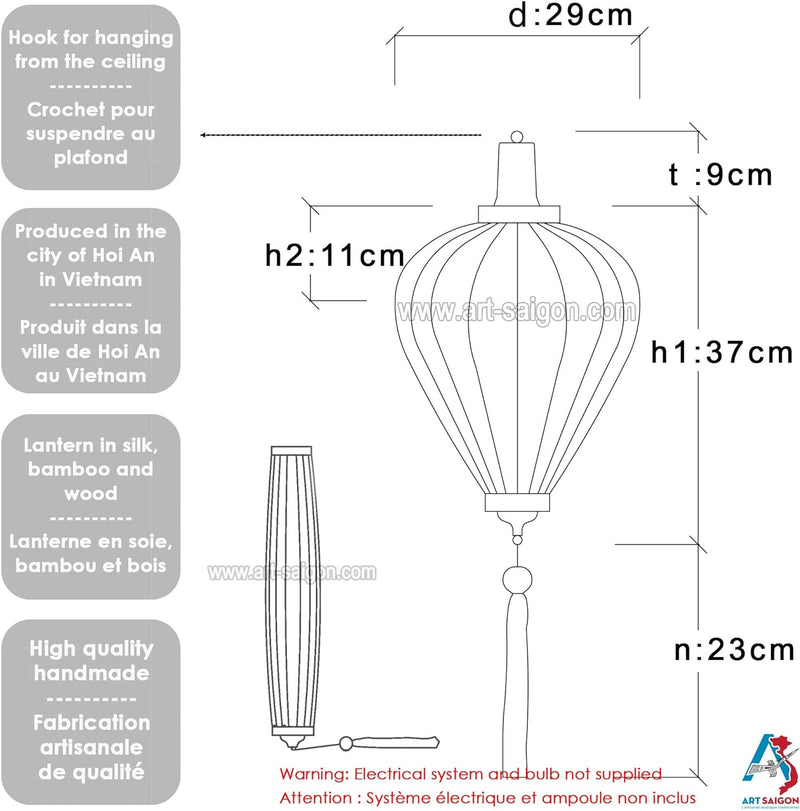 Lampion, asiatische Seide, Rot, R Ø 29 cm, Hoi An Laterne aus Stoff, Bambus und Holz - Vietnamesisch