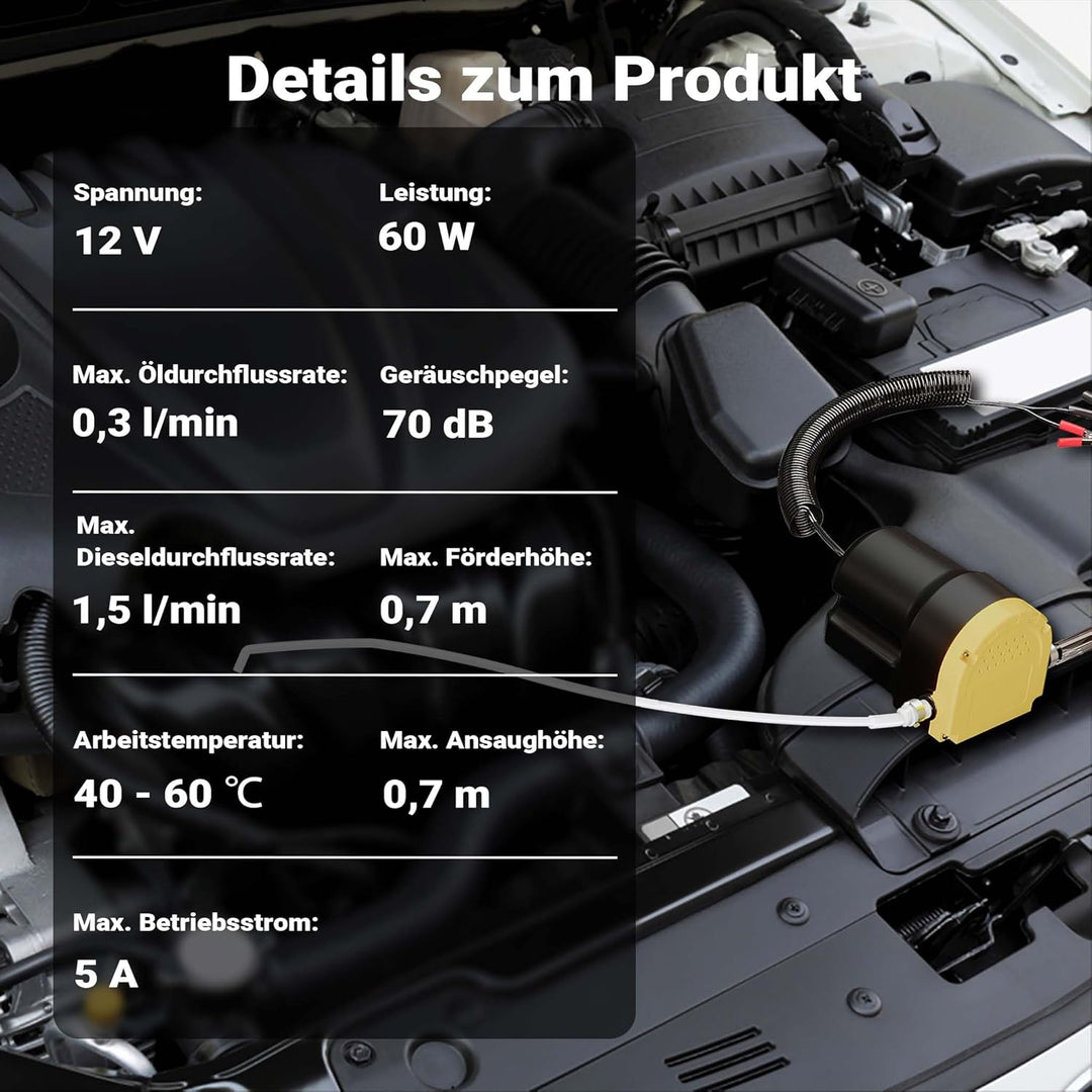 Wiltec Ölabsaugpumpe 12 V 60 W, 130 x 130 x 85 mm, 1 l/min, Absaugpumpe für Diesel, Biodiesel, Heizö