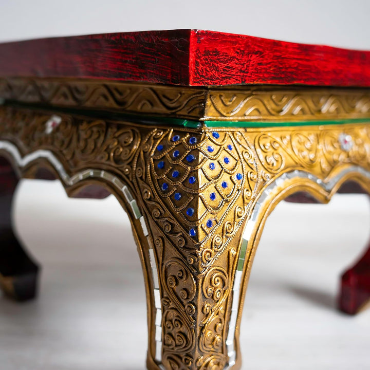 livasia Opiumtisch mit Glasmosaikverzierungen, Beistelltisch aus Holz, Nachttisch, asiatischer Hocke