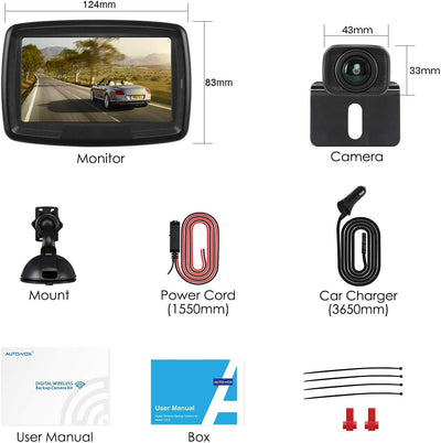 AUTO-VOX Digital Kabellos Rückfahrkamera CS2, Drahtlose Rückfahrkamera mit 4,3" LCD Monitor, Funk Rü