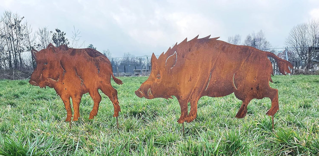 STEINFIGURENWELT GIEBEN Wildschwein stehend 90x50cm zum Stecken Gartenstecker Edelrost Gartendeko We