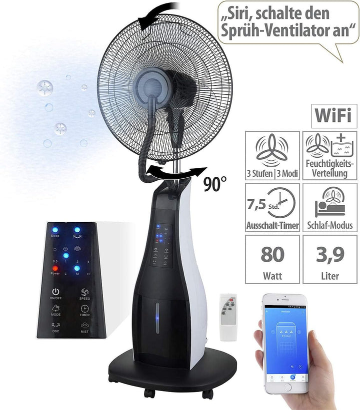 Sichler Haushaltsgeräte Ventilator Wasser: Stand-Sprühnebel-Ventilator mit Oszillation, WLAN, App, T