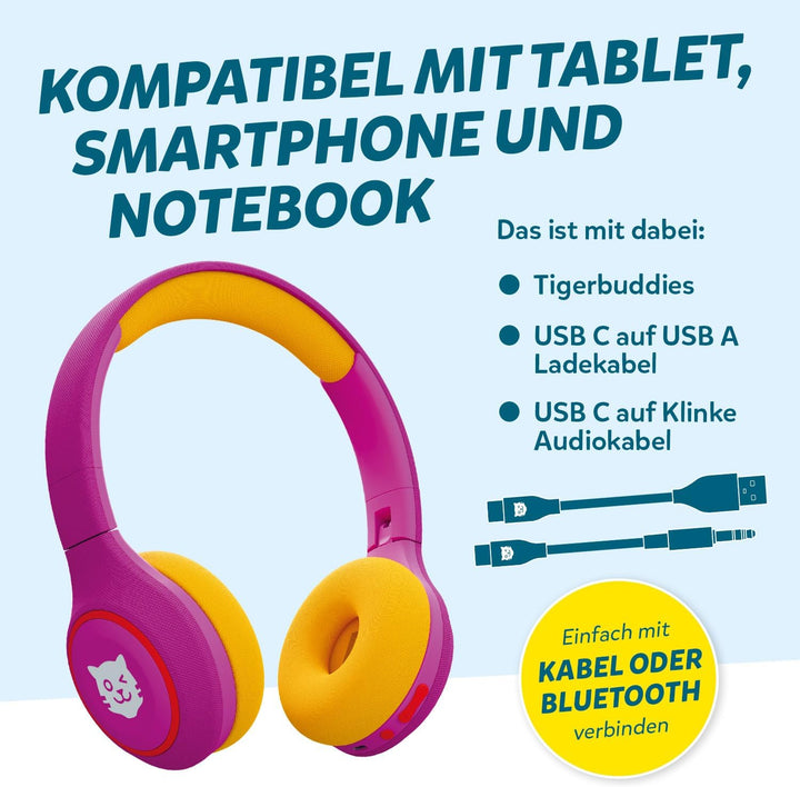 tigermedia tigerbuddies Bluetooth Kopfhörer Kinder | Faltbare Kinder Kopfhörer ab 4 Jahren | Mit Lau