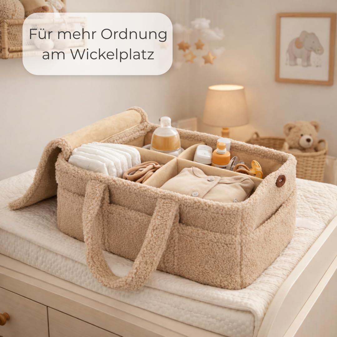 TALIDA Wickelkorb Teddy Set - Wickelorganizer mit Zubehörtasche – Aufbewahrungskorb für Feuchttücher