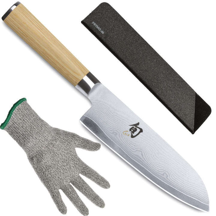 KAI Shun White Santoku Messer DM-0702W 18cm mit Klingenschutz und Schutzhandschuh 4) Santoku 18cm, 4