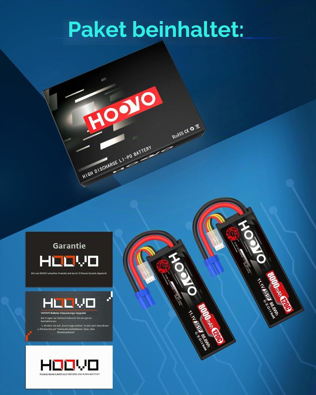 HOOVO 11,1V Lipo Akku 3S 8000mAh 120C HardCase RC Akku Battrien mit EC5 Anschlussstecker für RC Scal