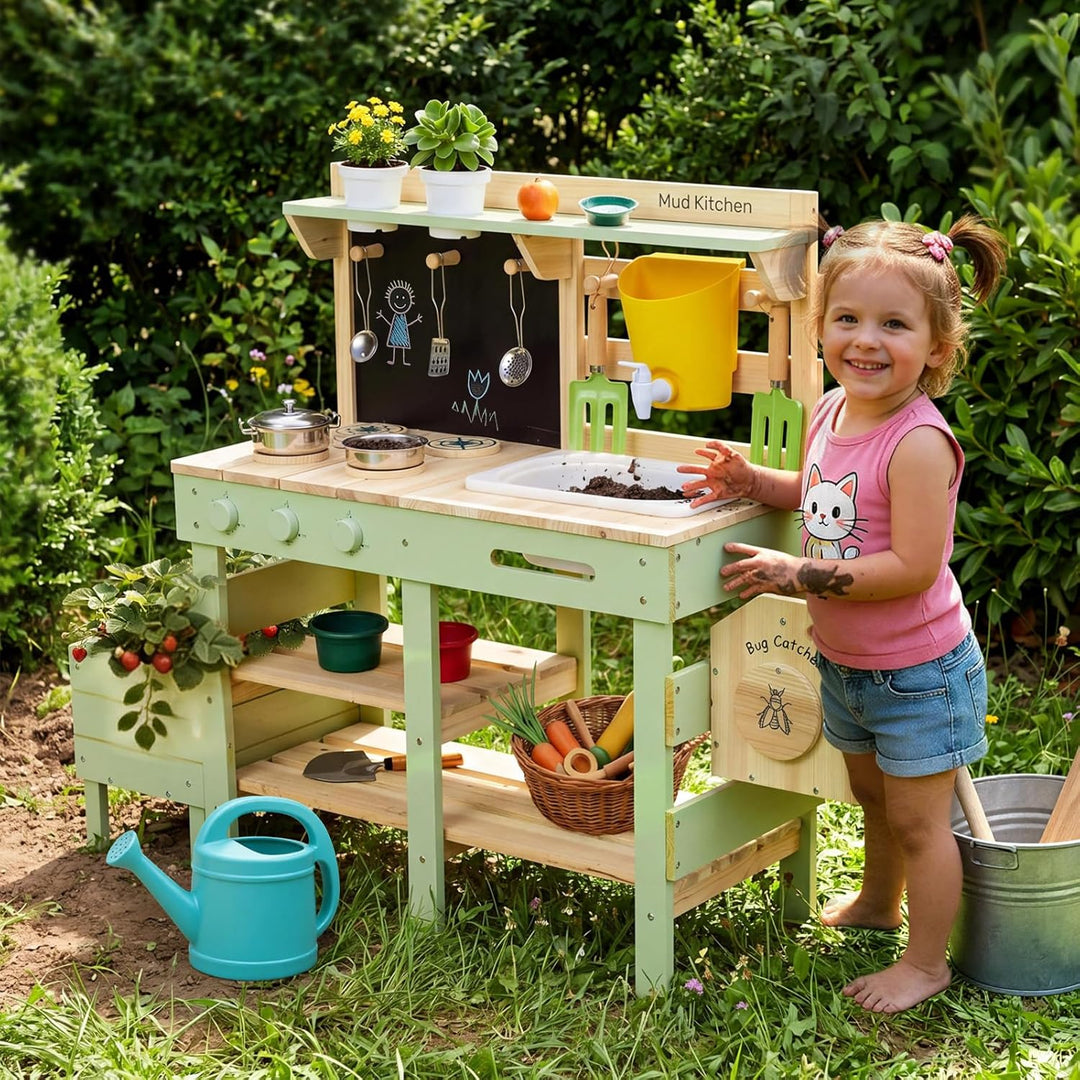 Labebe Matschküche Kinder Outdoor, 3-in-1 Matschküche mit Pflanzkasten und Insekten-Beobachtungsbox,