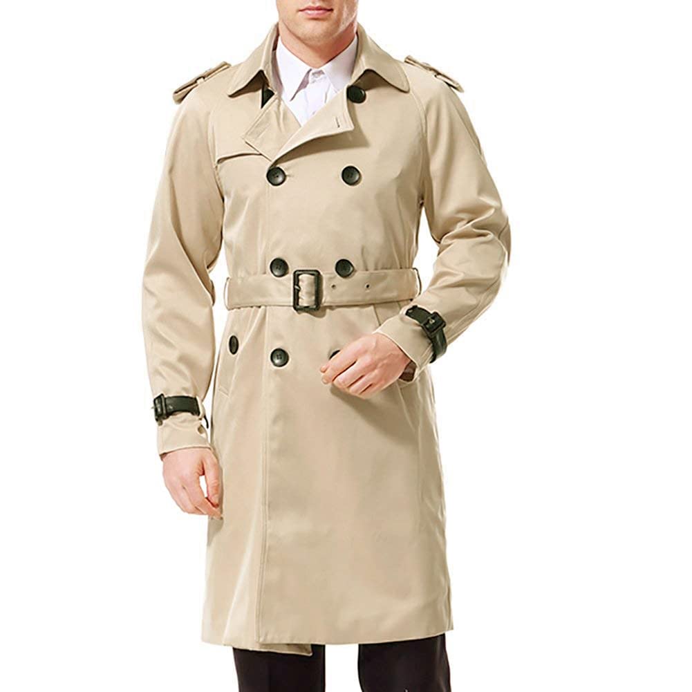 AOWOFS Herren Zweireihiger Trenchcoat mit Gürtel Revers Lang Mantel Business Jacke Frühling Übergang