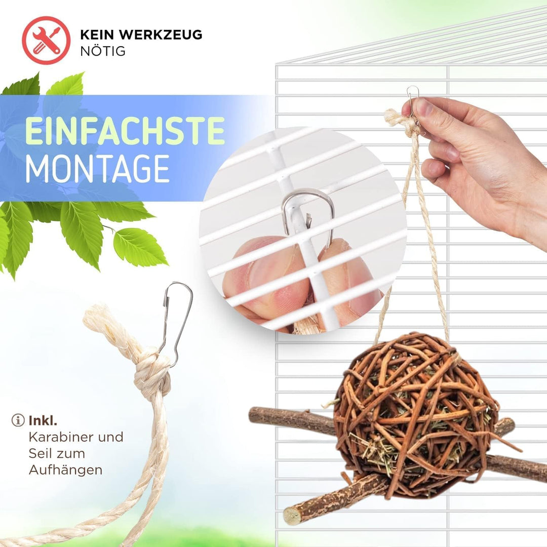 Vogelgaleria® Weidenkugel 20cm gefüllt mit Heu | zum knabbern und Klettern | Natürliches Wellensitti