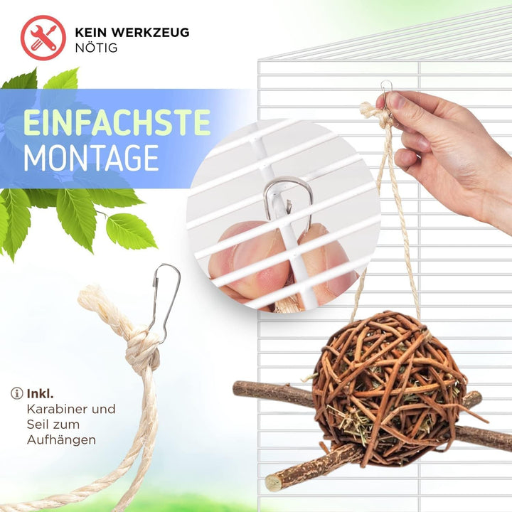 Vogelgaleria® Weidenkugel 20cm gefüllt mit Heu | zum knabbern und Klettern | Natürliches Wellensitti