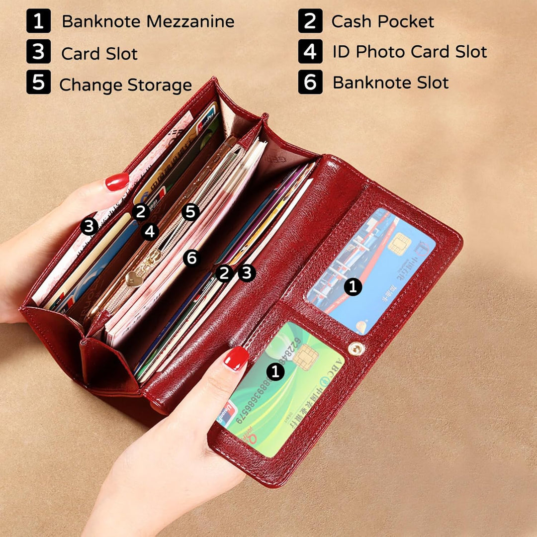 Mode Geldbeutel Damen Leder Geldbörse RFID Schutz Large Portemonnaie Lange Brieftasche mit 10 Karten