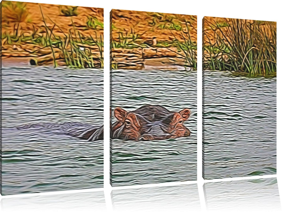 schwimmendes Flusspferd NewArt 3-Teiler Leinwandbild 120x80 Bild auf Leinwand, XXL riesige Bilder fe