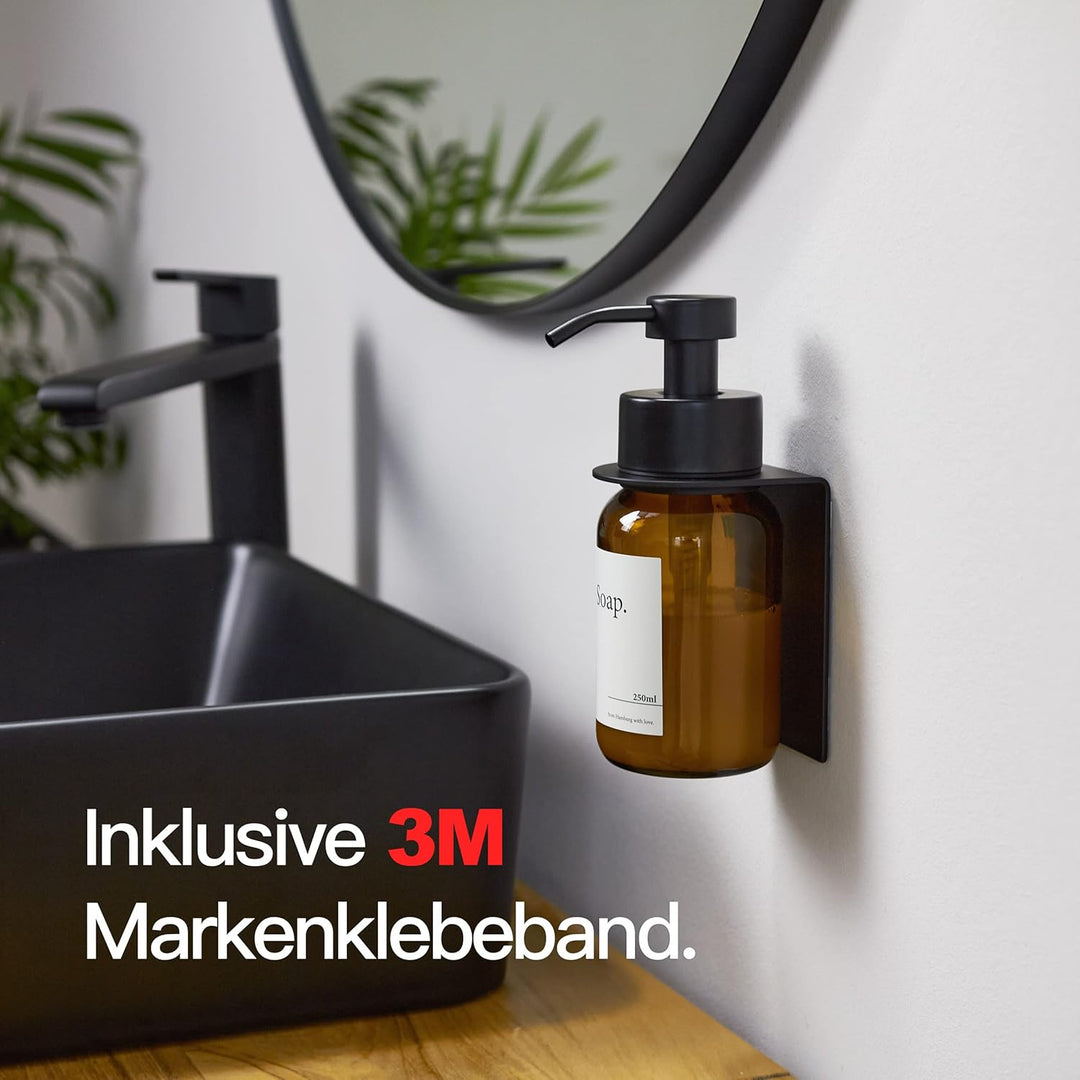 Designfabrik Hamburg | Glas Seifenspender mit Wandhalterung selbstklebend | Edelstahl-Pumpspender fü
