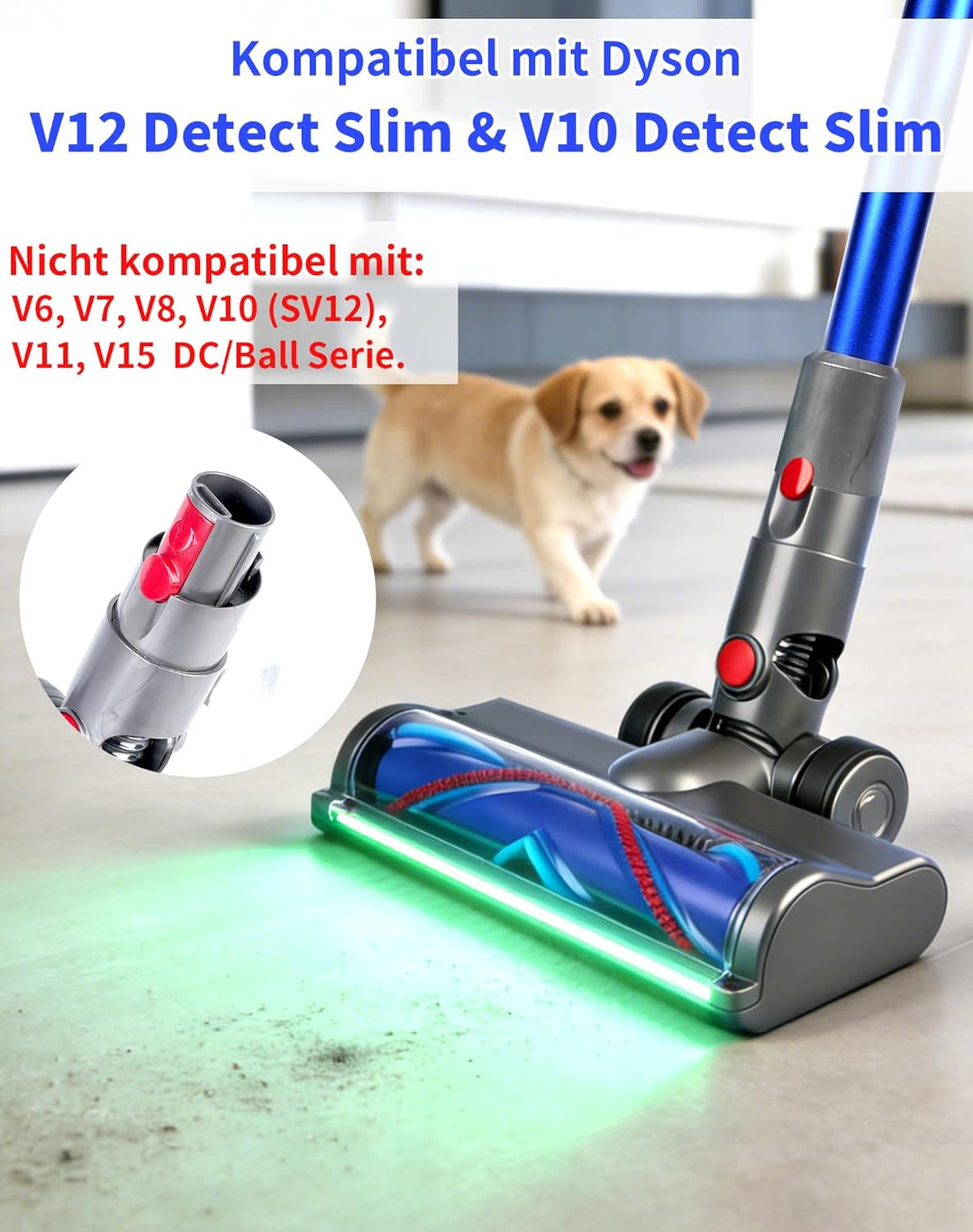 Bürste für Dyson V12 Detect Slim & V10 Digital Slim, Anti-Tangle Bodenbürste mit grünem LED-Licht, E