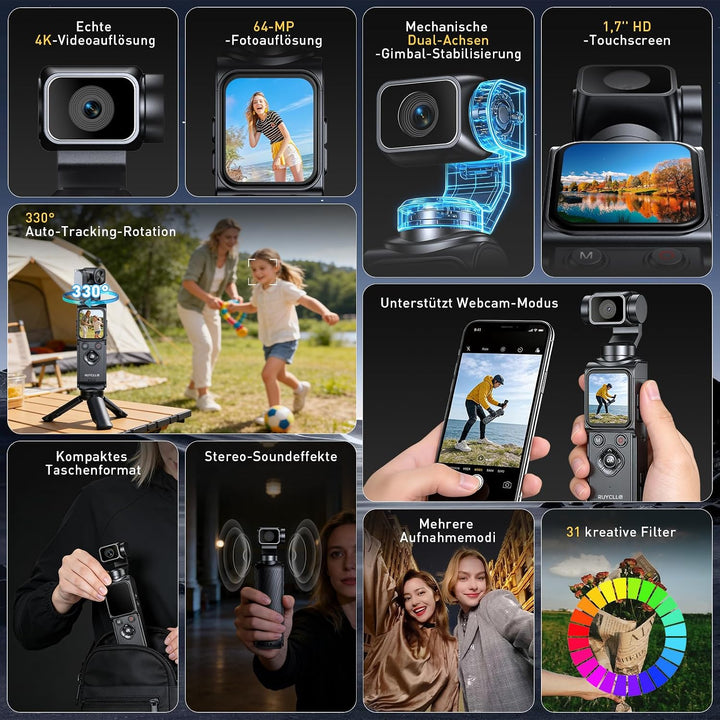 Action Kamera 4K, Vlog Kamera mit 1,72-Zoll-Sensor und 2-Achsen Stabilisierung, Touchscreen Digitalk