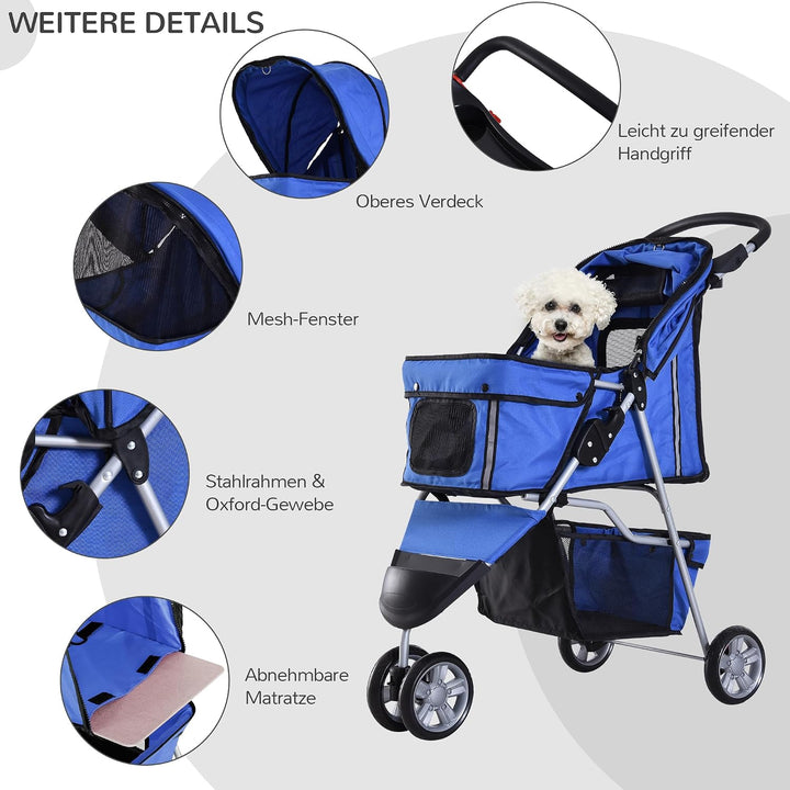 PawHut Hundewagen Hundebuggy Buggy Hunde Katzen Pet Stroller Hunde Buggy Blau Blau 75L x 45B x 97H c
