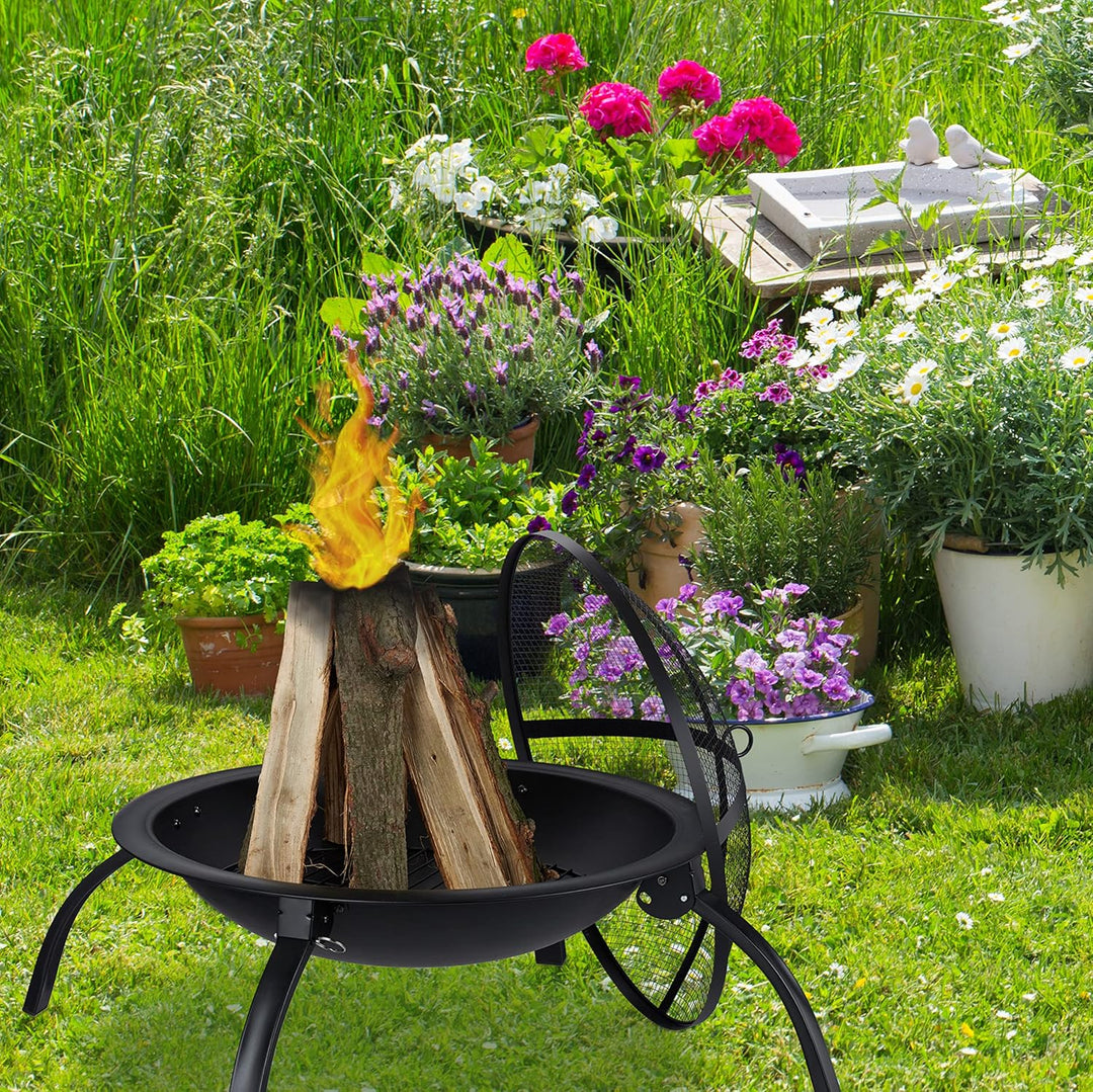 Relaxdays XL Feuerschale, Grill Rost, Schürhaken, Funkenschutz Deckel, Garten, Terrasse, Feuerstelle