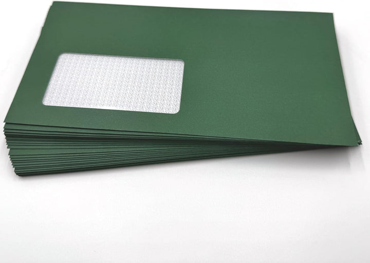 100 Umschläge mit Fenster, Grün, Tannengrünn, DIN lang = 220 x 110 mm, Haftklebestreifen, Fensterkuv