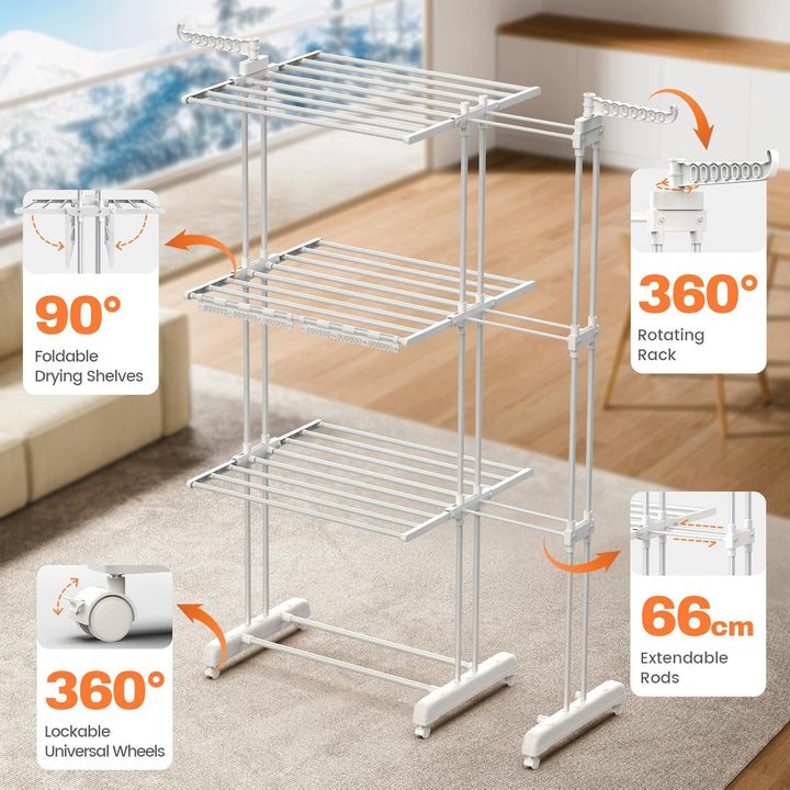 Huracan Turm Wäscheständer Standtrockner 3 Ebenen mit Sockenhalter, Flügelwäscheständer Klappbare, W
