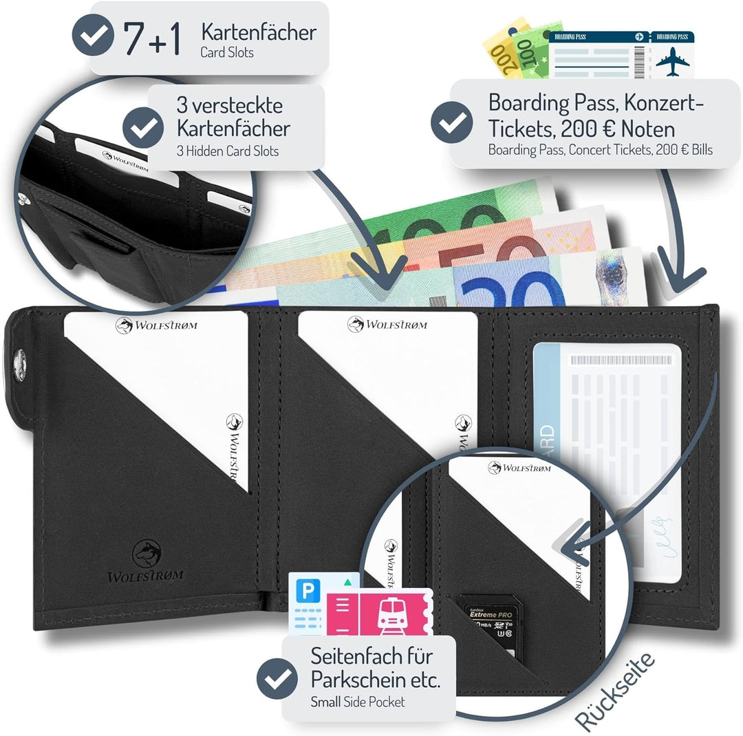 Wolfstrøm Slim Wallet mit Münzfach 'Ludvig' I 7+1 Karten Mini Geldbörse Herren klein, RFID Blocker I