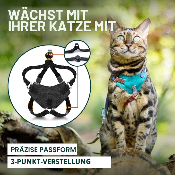 OutdoorBengal Katzengeschirr und Leine, gross, ausbruchsicher, erstickungsfrei, leicht, einfach anzu