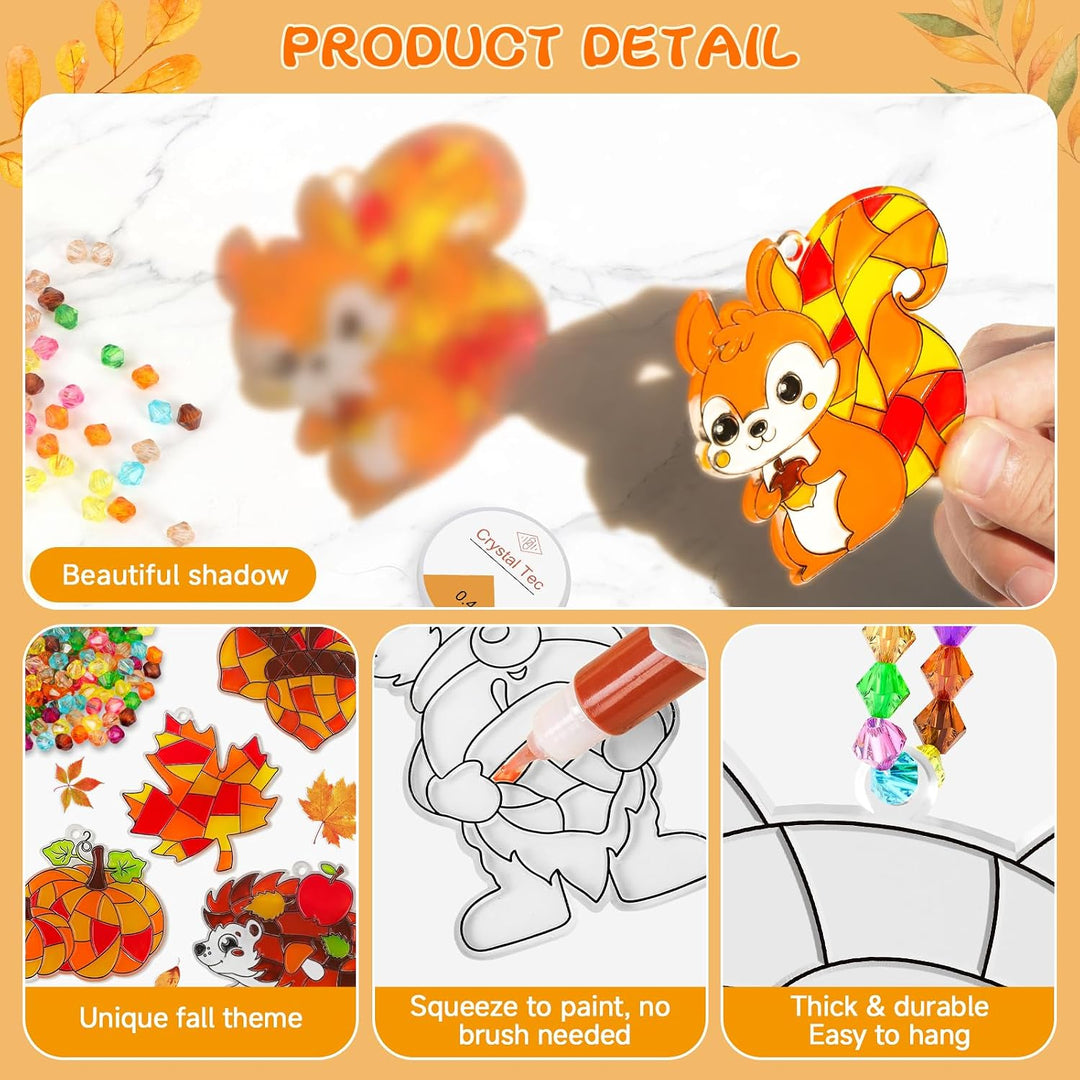 AHIKY Herbst Sonnenfänger Basteln Set, 24 Stück Herbstdeko Basteln für Kinder, Kürbis Igel Eule zum