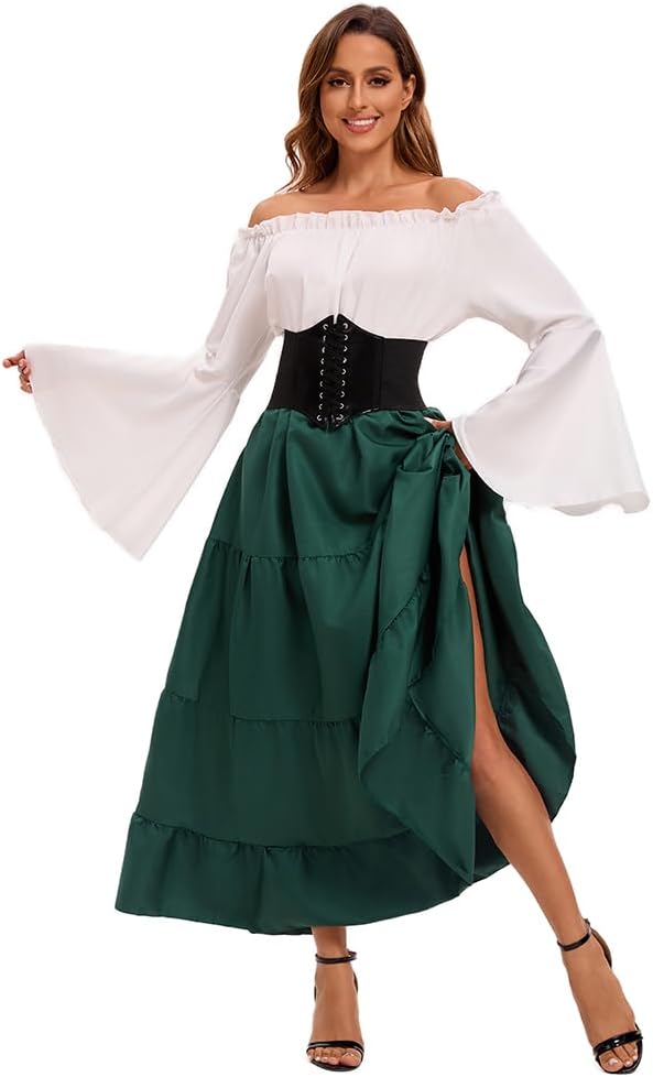Damen Retro Mittelalter Kleid mit Trompetenärmel, Mittelalterliche Viktorianischen Königin Kleider R